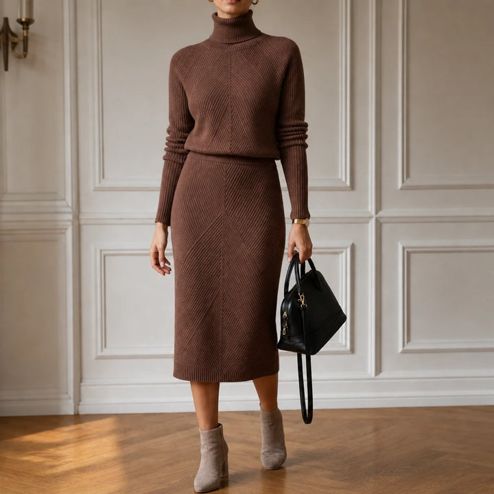 Veluna – Ribbed Turtleneck Sweater And Skirt Set