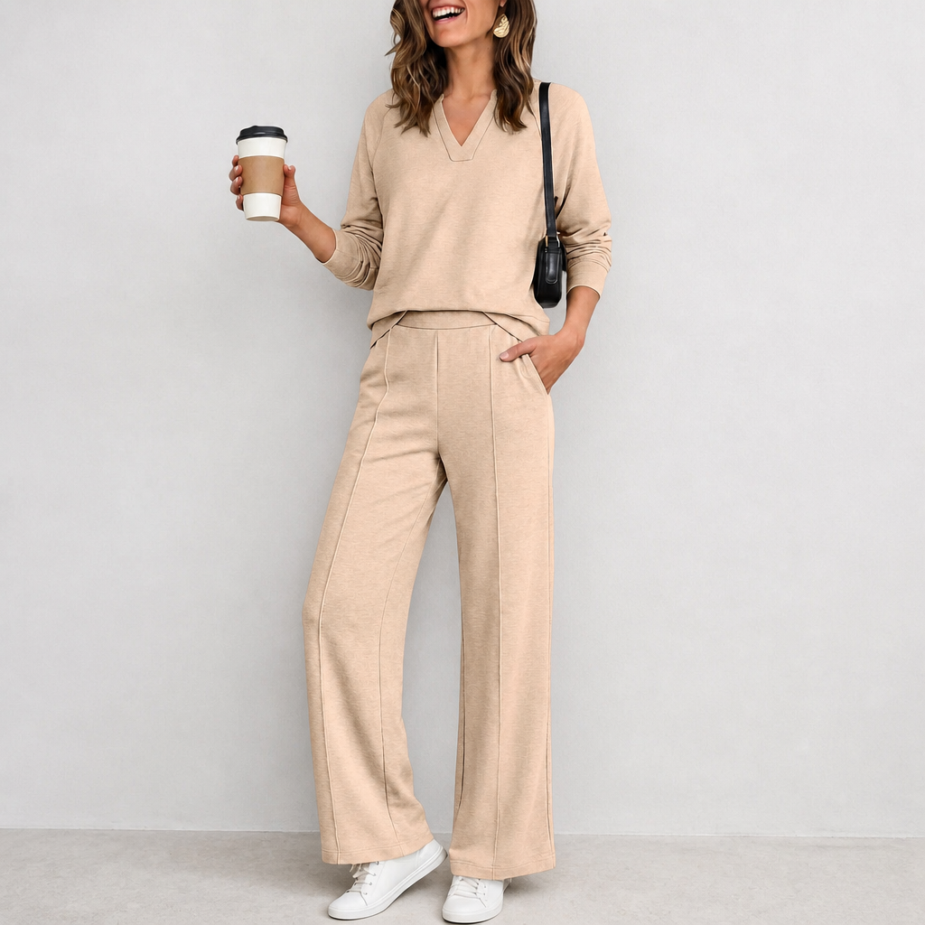 Wearbella – V-Neck Knit Top And Wide-Leg Pants Set