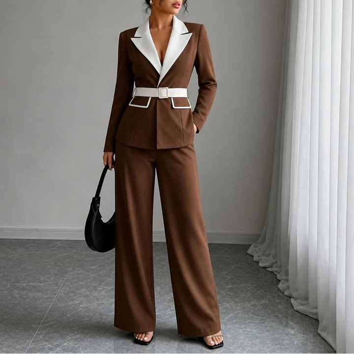Vivia – Contrast-Lapel Belted Wide-Leg Pantsuit