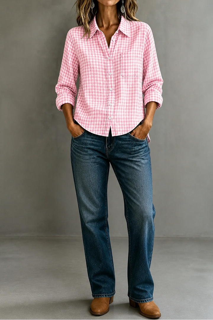 Checkered Long-Sleeve Button-Up Shirt For Women