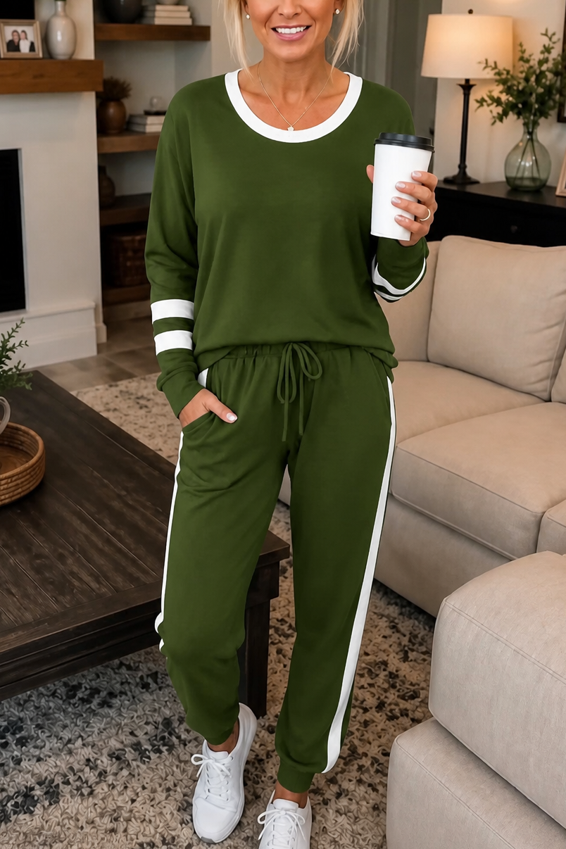 Cozelle – Striped Trim Crewneck Two-Piece Lounge Set