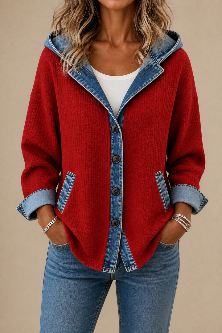 [BrandName] – Denim-Trim Hooded Knit Cardigan