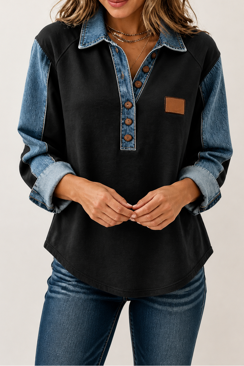 Layerlyn – Denim Patchwork Textured Knit Blouse