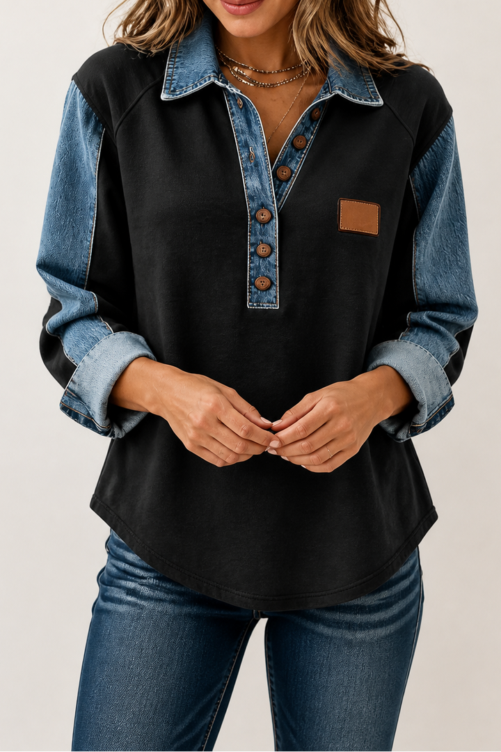 Layerlyn – Denim Patchwork Textured Knit Blouse