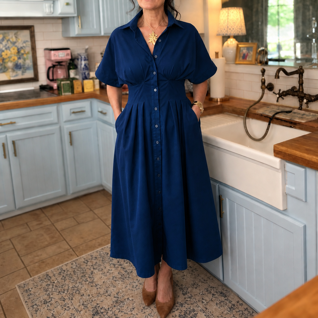 Solmara – Pleated Waist Button-Front Maxi Shirt Dress