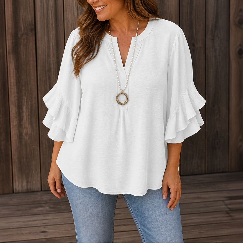Florenza – Floral Ruffle-Sleeve V-Neck Blouse