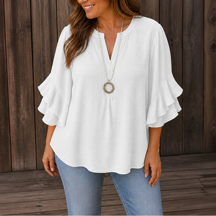 Florenza – Floral Ruffle-Sleeve V-Neck Blouse