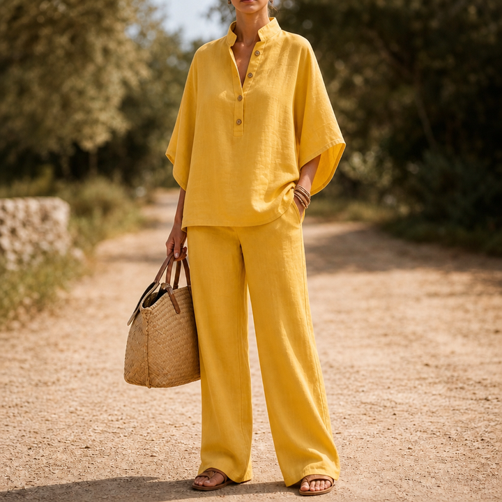 Wearlinne – Stand Collar Batwing Sleeve Linen Set