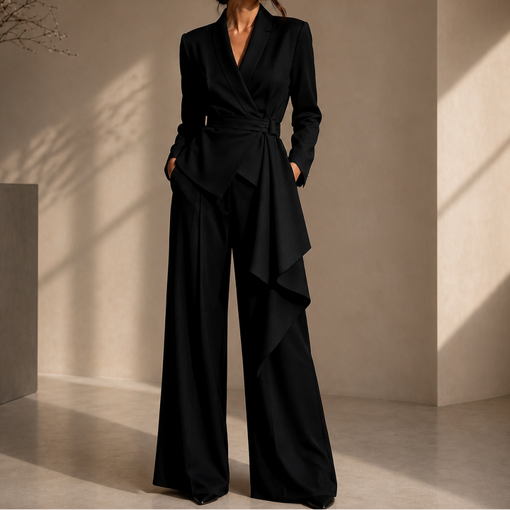 Drapevera – Buckle-Belted Wrap Blazer And Wide-Leg Trouser Set