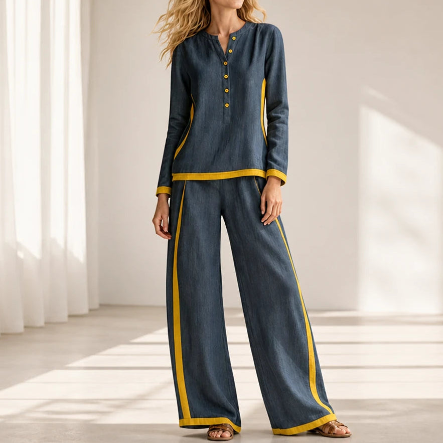 Modaform – Color-Block Long-Sleeve Top And Wide-Leg Pants Set