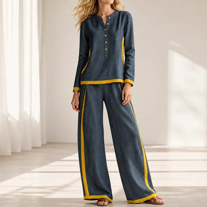 Modaform – Color-Block Long-Sleeve Top And Wide-Leg Pants Set