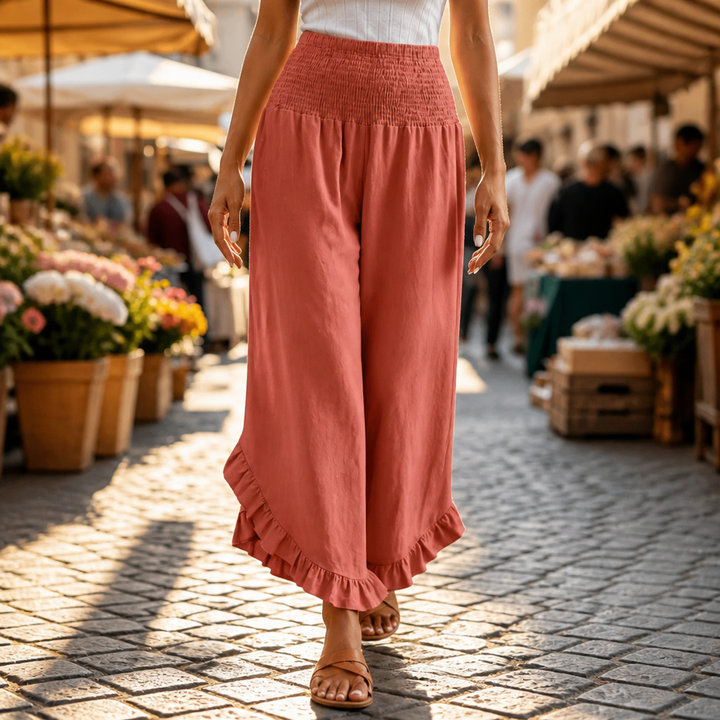 Linora – Cotton-Linen Smocked High-Waist Palazzo Pants