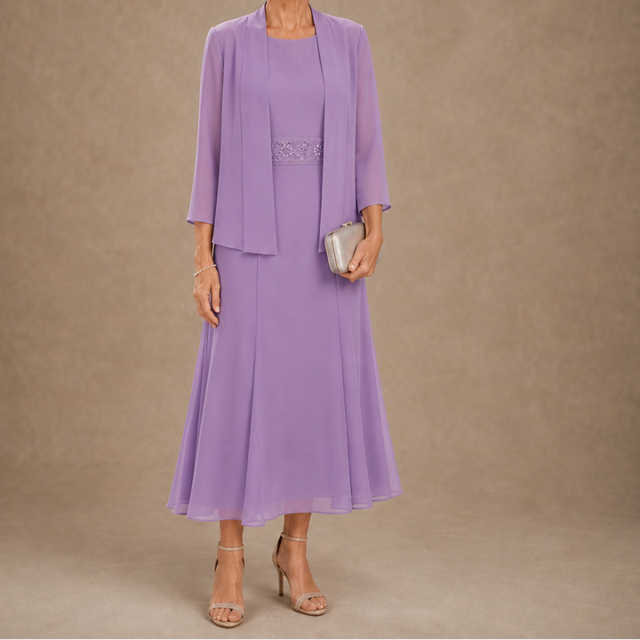 Elowen – Sleeveless Beaded-Waist Chiffon Dress With Jacket