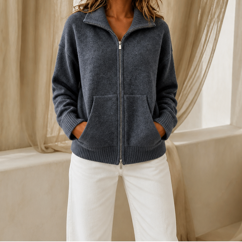 Wearbella – Zip-Front Ribbed Collar Knit Cardigan