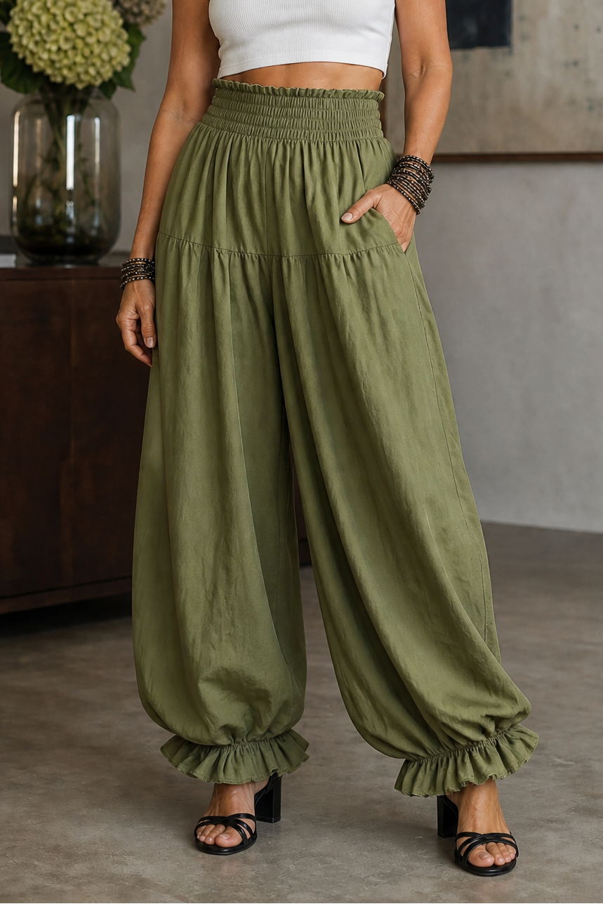 Wearbella – Smocked Waist Ruffled Hem Wide Leg Pants