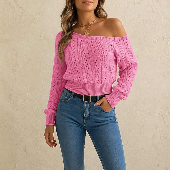 Wearbella – Cropped Off-The-Shoulder Knit Sweater