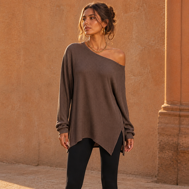 Veluna – Side-Slit Off-Shoulder Tunic Blouse