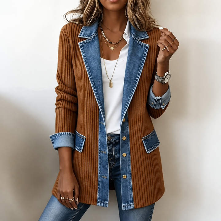 Ribova – Ribbed Knit Coat With Denim Panels