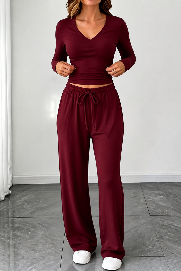 Wearbella – V-Neck Crop Top And Wide-Leg Pants Set