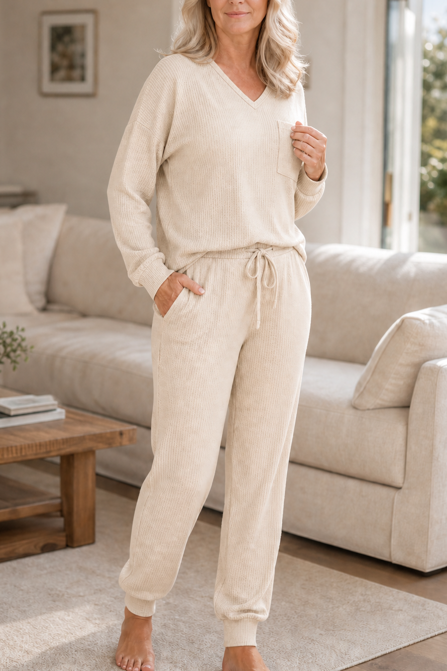 Wearbella – Waffle-Knit-Look V-Neck Lounge Set