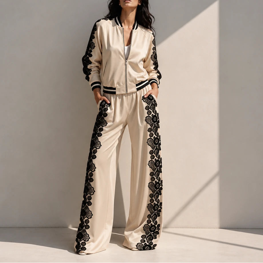 Lace & Leisure – Floral Lace Panel Track Jacket And Wide-Leg Pants Set
