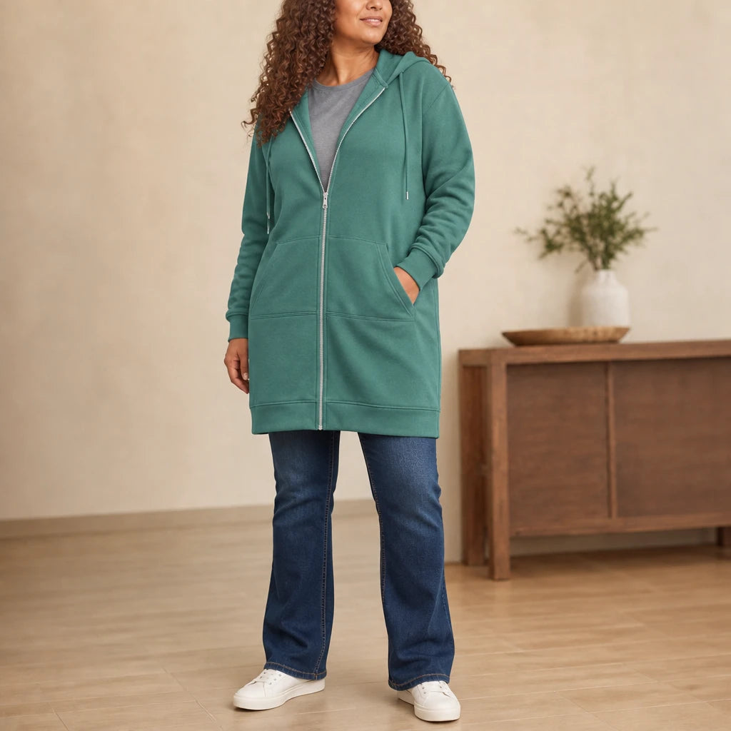 Cozyline – Knee-Length Fleece-Lined Zip-Up Hoodie