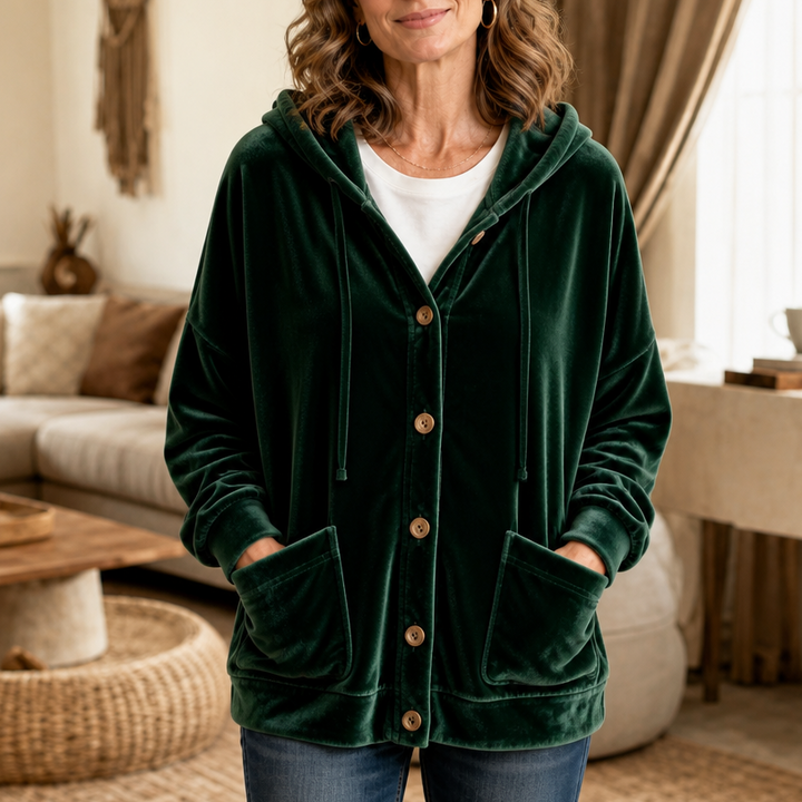 Coziva – Hooded Button-Front Velour Cardigan