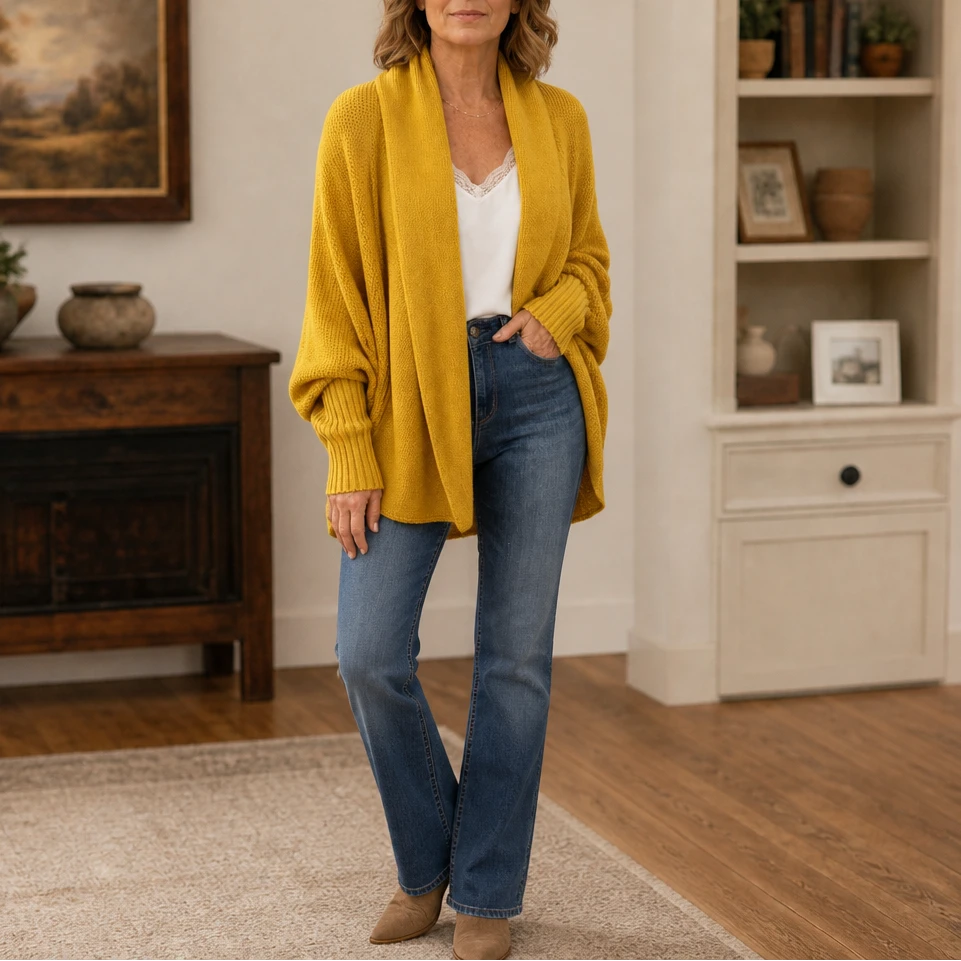 Drapeelle – Crochet-Look Open-Front Batwing Cardigan