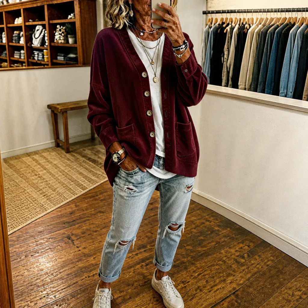 Corduvale – Vertical-Wale Corduroy Open-Front Cardigan