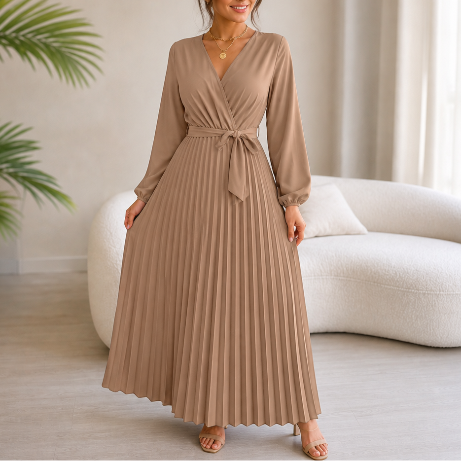 Lunavia – Pleated Wrap-Neck High-Waisted Maxi Dress