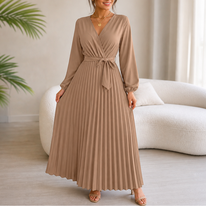 Lunavia – Pleated Wrap-Neck High-Waisted Maxi Dress
