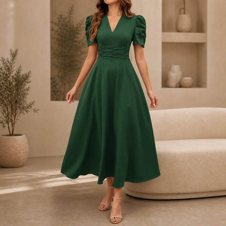 Wearbella – Ruched Waist Puff Sleeve V-Neck Midi Dress