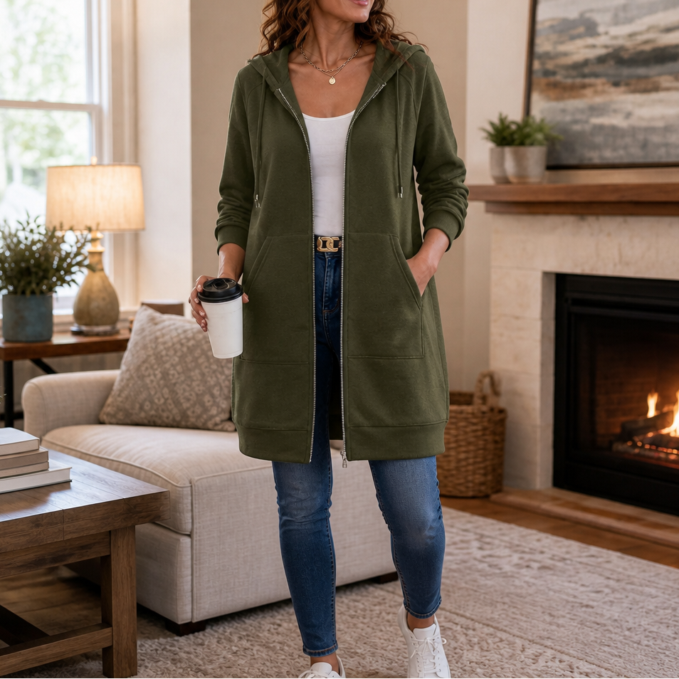 Wrapdrey – Mid-Length Zip-Up Hooded Cardigan