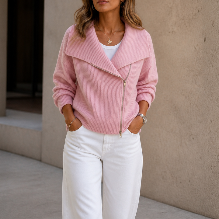 Wearbella – Diagonal Zip Oversized Collar Ribbed Knit Jacket
