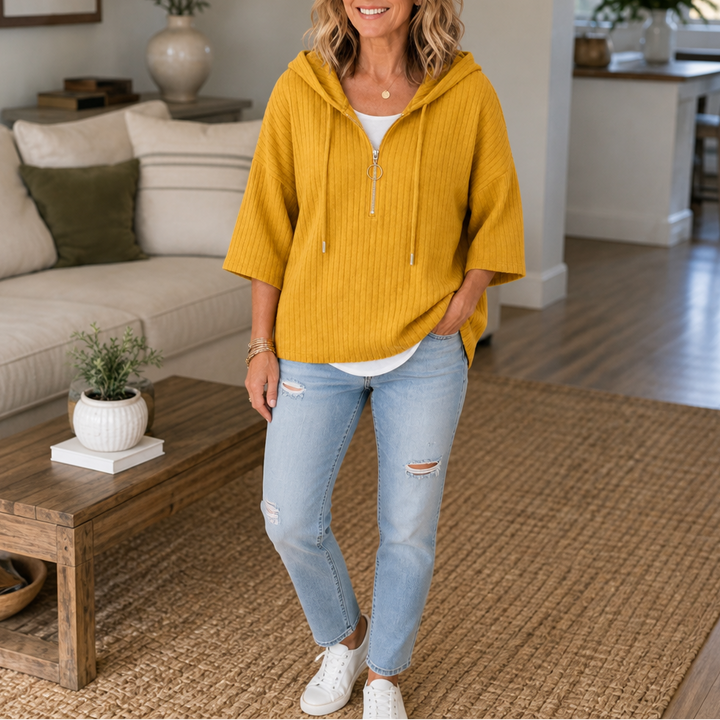 Ribella – Ribbed Half-Zip Hooded Knit Top