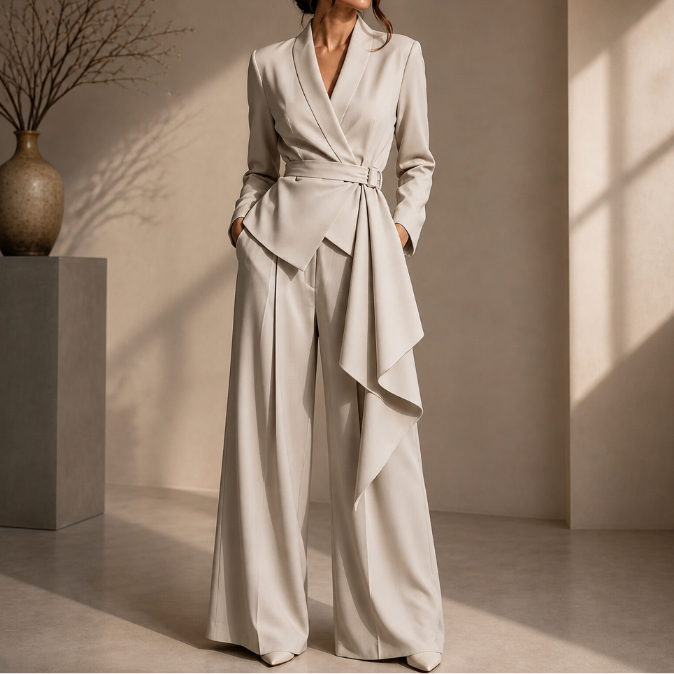 Drapevera – Buckle-Belted Wrap Blazer And Wide-Leg Trouser Set