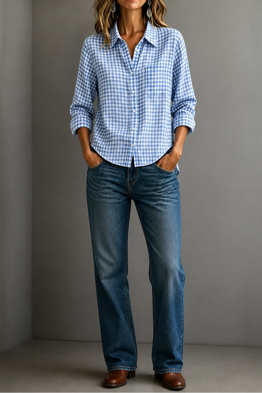 Checkered Long-Sleeve Button-Up Shirt For Women