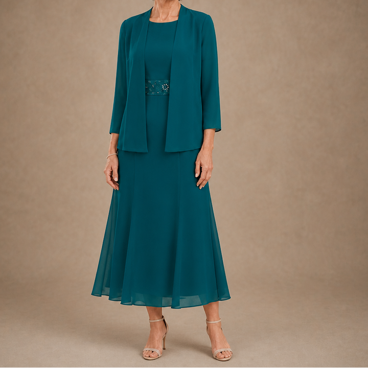 Elowen – Sleeveless Beaded-Waist Chiffon Dress With Jacket
