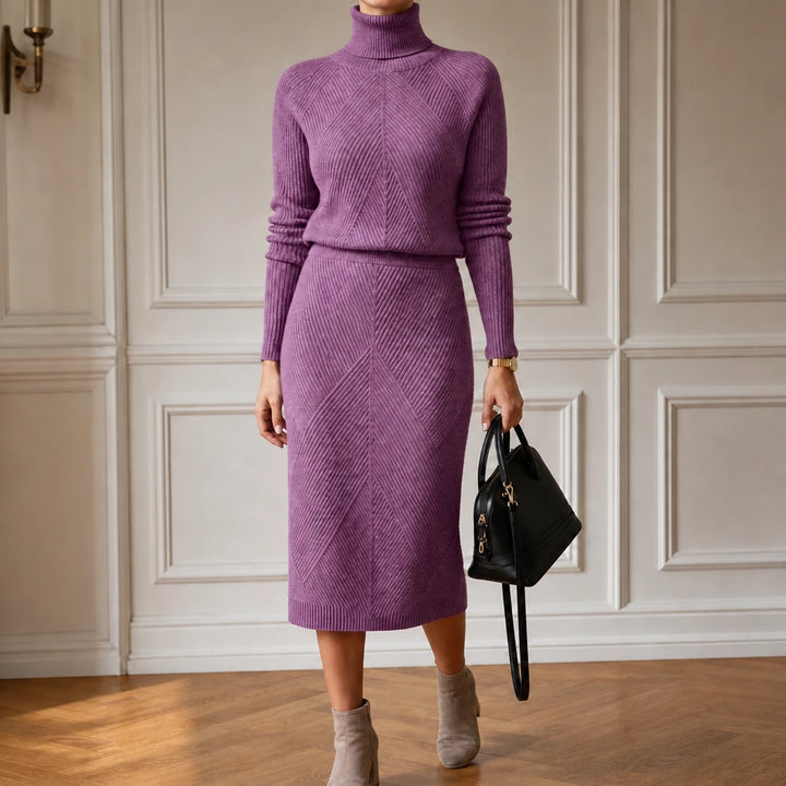 Veluna – Ribbed Turtleneck Sweater And Skirt Set