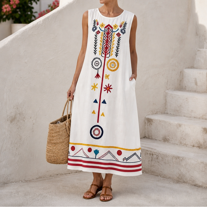 Lineluxe – Red Embroidered Sleeveless Maxi Dress