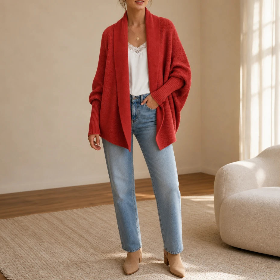 Drapeelle – Textured Batwing Open-Front Knit Cardigan