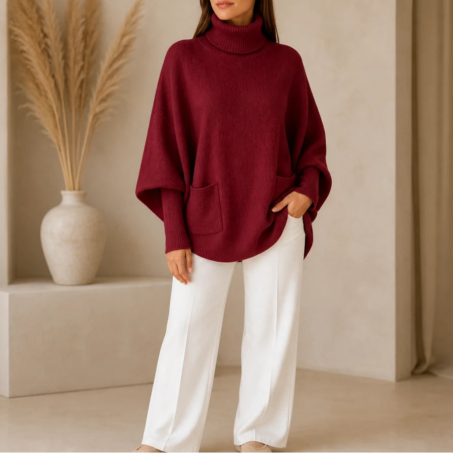Veloura – Oversized Turtleneck Pocket Poncho Sweater