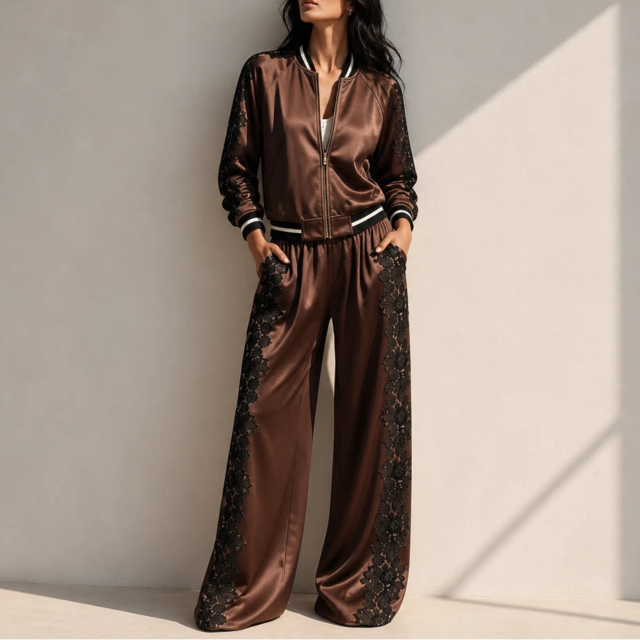Lace & Leisure – Floral Lace Panel Track Jacket And Wide-Leg Pants Set