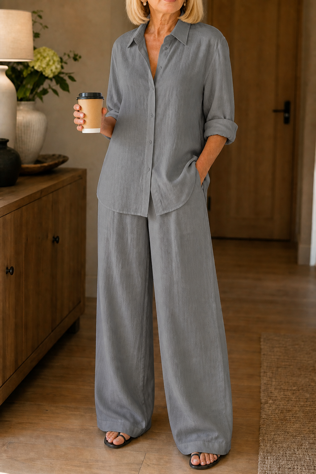 Linore – Matching Linen-Blend Shirt And Wide-Leg Pants Set