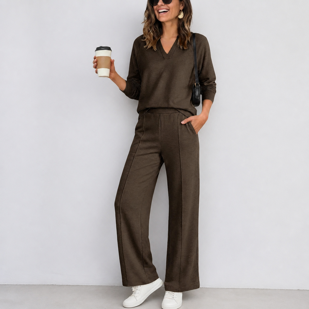 Wearbella – V-Neck Knit Top And Wide-Leg Pants Set