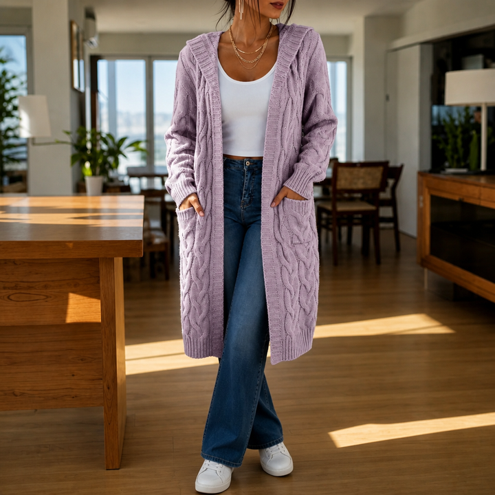 Wrapetta – Hooded Longline Cable-Knit Cardigan