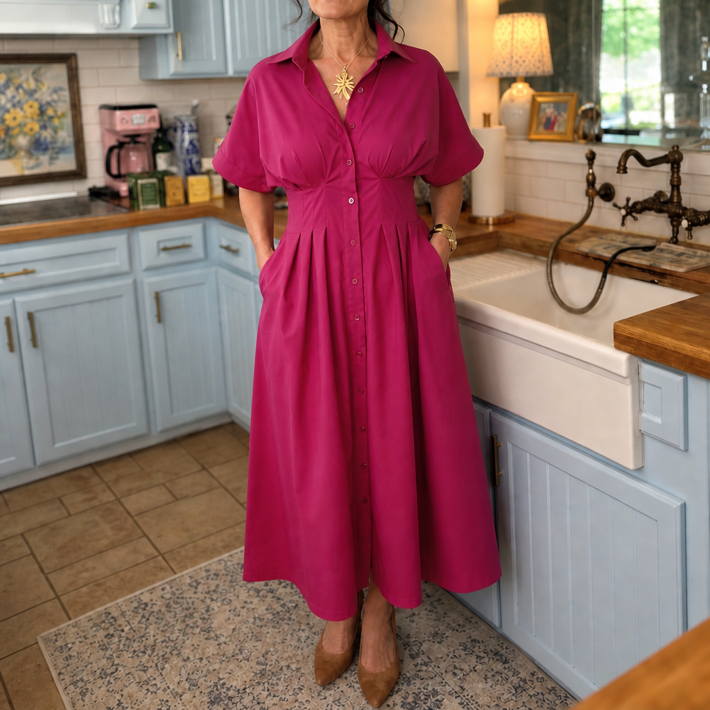 Solmara – Pleated Waist Button-Front Maxi Shirt Dress
