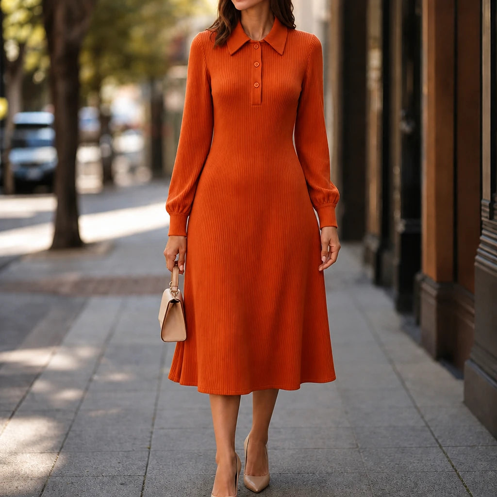 Lapella – Ribbed Knit Lapel Collar Midi Dress