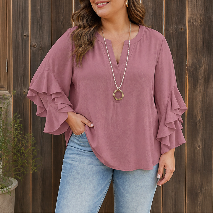 Florenza – Floral Ruffle-Sleeve V-Neck Blouse
