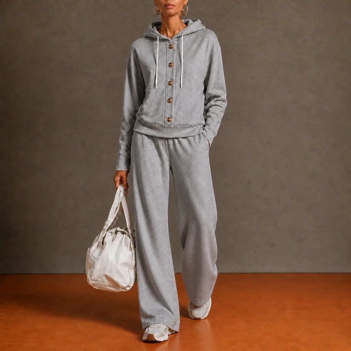 French Terry Button-Front Hoodie And Wide-Leg Sweatpants Set